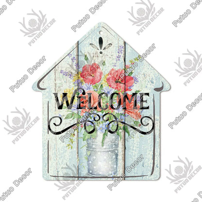 Putuo Decor Welcome House Shaped Wooden Sign – Rustic Hanging Plate for Home, Living Room Wall Decor
