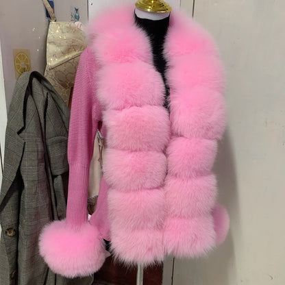Women’s Spring & Autumn Sweater Cardigan – Real Fox Fur Collar Jacket, Natural Fur Outerwear