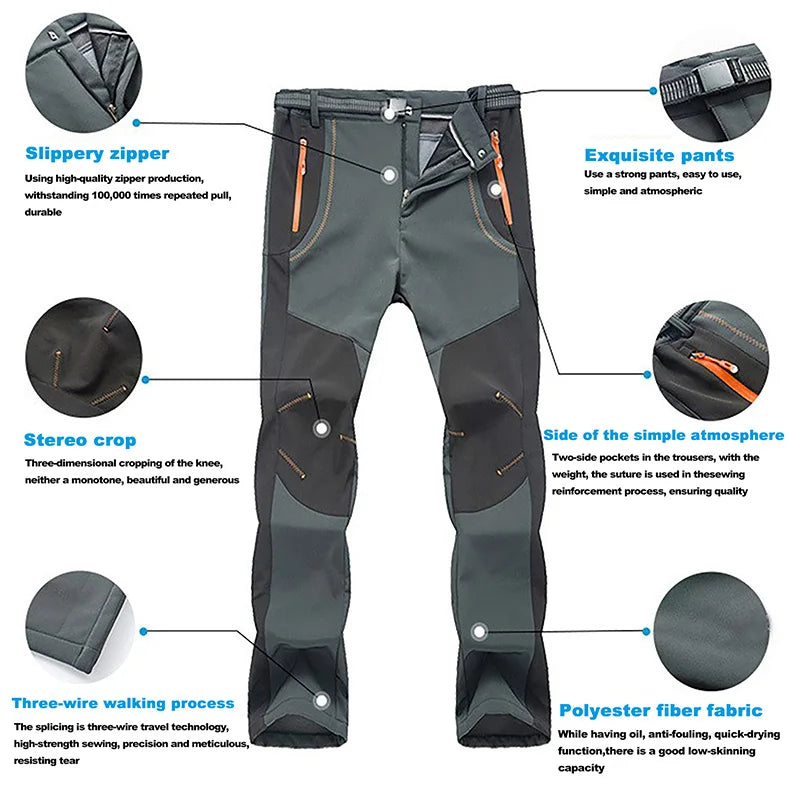 LNGXO Men’s Fleece Hiking Pants – Thick Warm Winter Waterproof & Windproof Soft Shell Ski, Trekking, and Camping Trousers