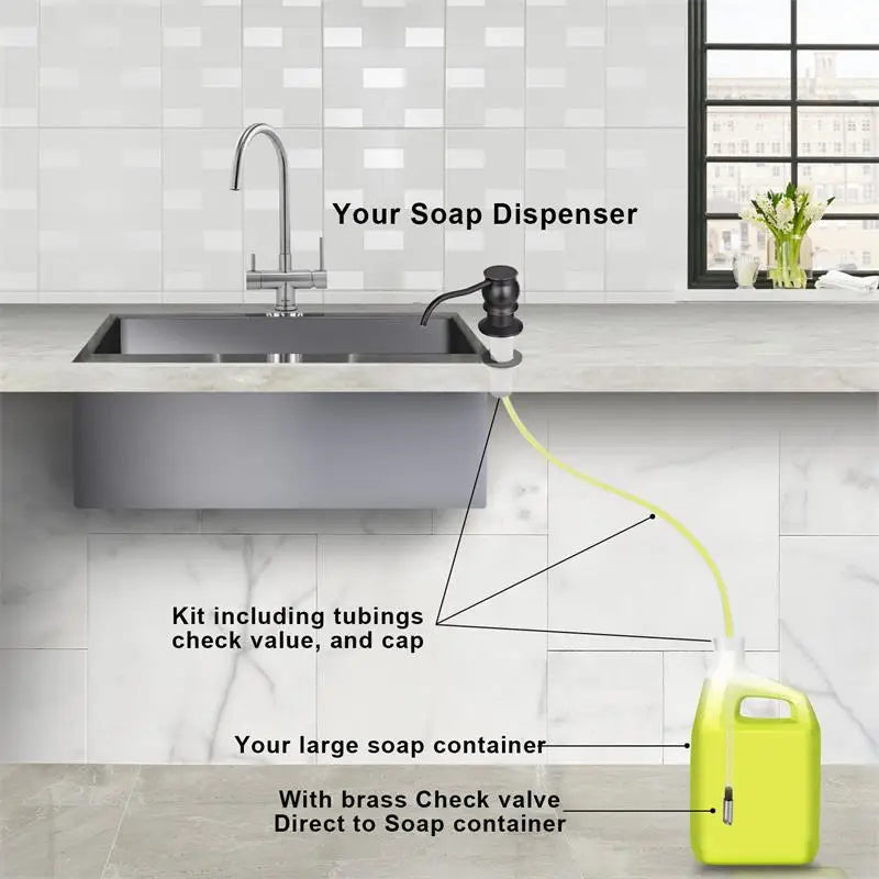 Samodra Liquid Soap Dispenser — Black Kitchen Pump with Brass Head, Metal Check Valve & Extension Tube
