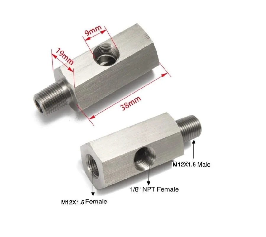 Stainless Steel Oil Pressure Sensor Connector — Side Hole Tee Adapter for 1/8"NPT, 1/4"NPT, M10, M12, M14 Feed Line Gauge