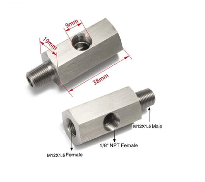 Stainless Steel Oil Pressure Sensor Connector — Side Hole Tee Adapter for 1/8"NPT, 1/4"NPT, M10, M12, M14 Feed Line Gauge