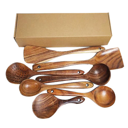 1-9pcs Teak Wood Tableware Set – Natural Wooden Cooking Spoons, Colander Spoon & Soup Skimmer Kitchen Tool Kit