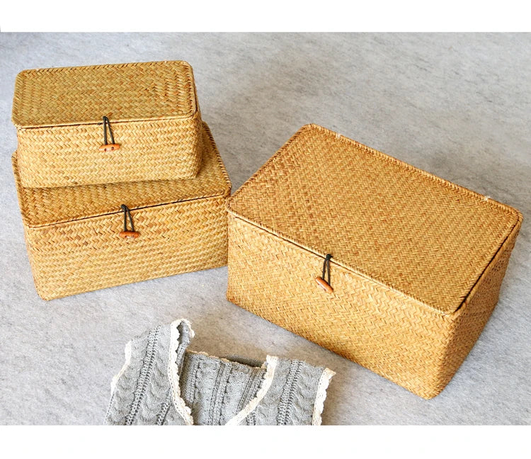 Handmade Seagrass Woven Storage Box with Lid - Seaweed Finishing Basket for Sundries, Bath Cosmetics, and Towels, Model MX01161829