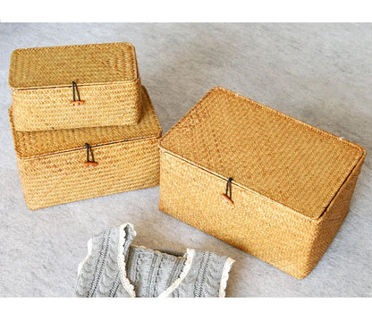 Handmade Seagrass Woven Storage Box with Lid - Seaweed Finishing Basket for Sundries, Bath Cosmetics, and Towels, Model MX01161829