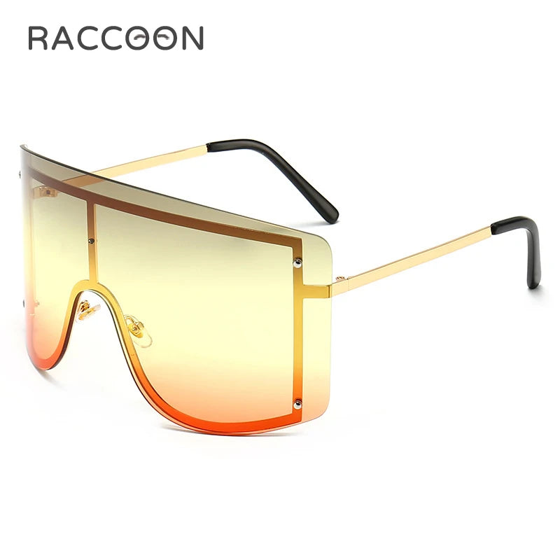 Oversized Women Blue Yellow Gradient Huge Sunglasses: Curved Fashion Rimless Metal Shades for Personality Massive Female Eyewear Prop