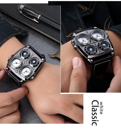 Oulm Men’s Two Time Zone Army Pilot Watch — Large Military Quartz Leather Strap Wristwatch