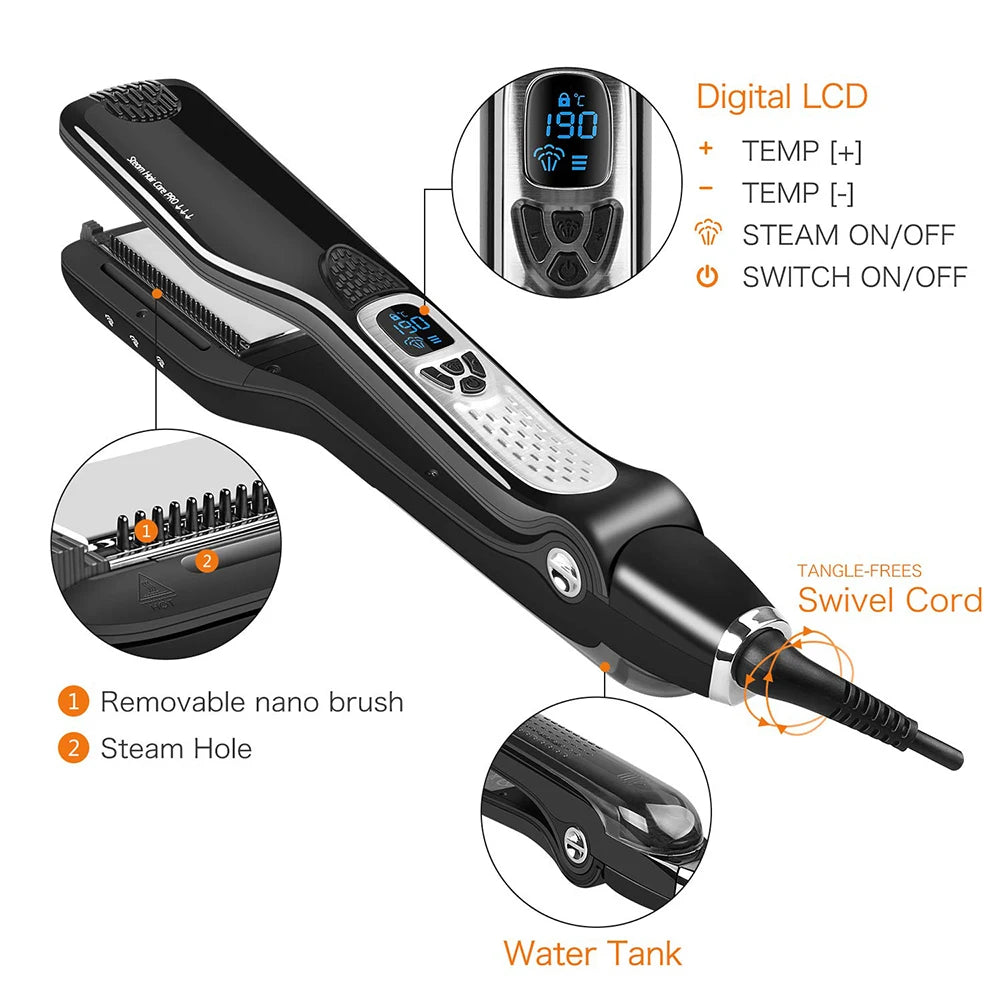Professional Hair Straightener – Dual Voltage Titanium Curling Iron, Steam Flat Iron & Hot Hair Comb with Wide Plates