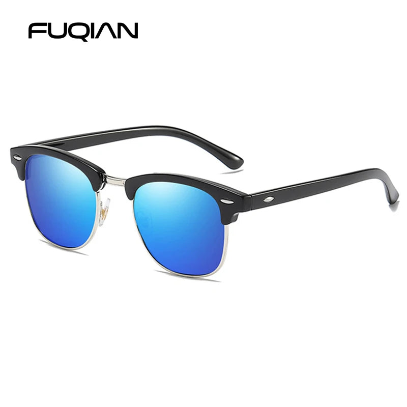 Classic Half Frame Polarized Sunglasses – Retro Rivet Design for Men & Women, Anti-Glare Black Travelling Shades