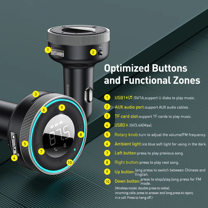 Baseus Bluetooth 5.0 FM Transmitter – Wireless Car Kit with USB Fast Charger, AUX, MP3 Player & Hands-Free Calling