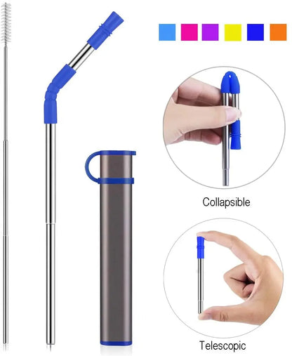 Reusable Collapsible Stainless Steel Straw Kit - Portable Straw with Case, Tip, and Cleaning Brush for Travel, Parties, and Home Use