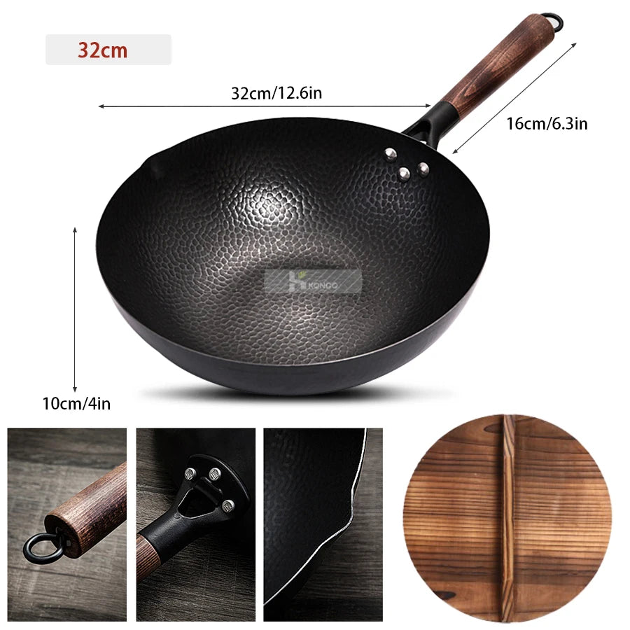Konco 32cm Pure Cast Iron Wok – Non-Coated Chinese Wok Pan for Gas & Induction Cookers