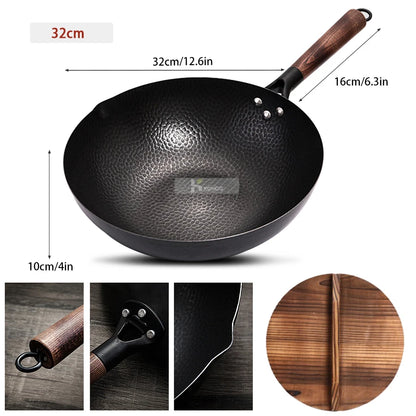 Konco 32cm Pure Cast Iron Wok – Non-Coated Chinese Wok Pan for Gas & Induction Cookers