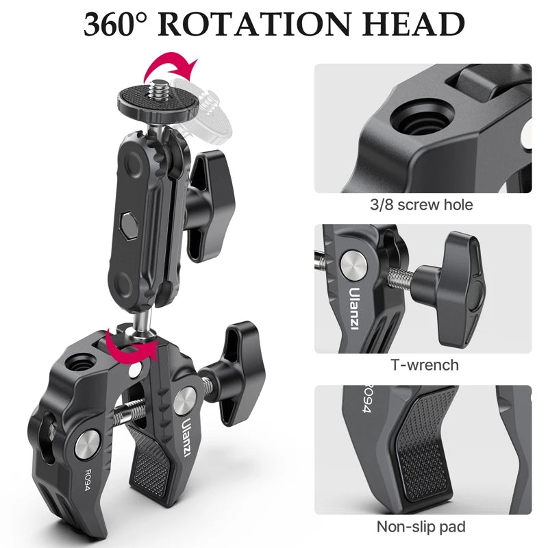 Ulanzi R094 Metal Super Clamp with 360° Ball Head Magic Arm, 1/4" & 3/8" Holes for DSLR Camera, Monitor, Light, Mic, and Rod Mount