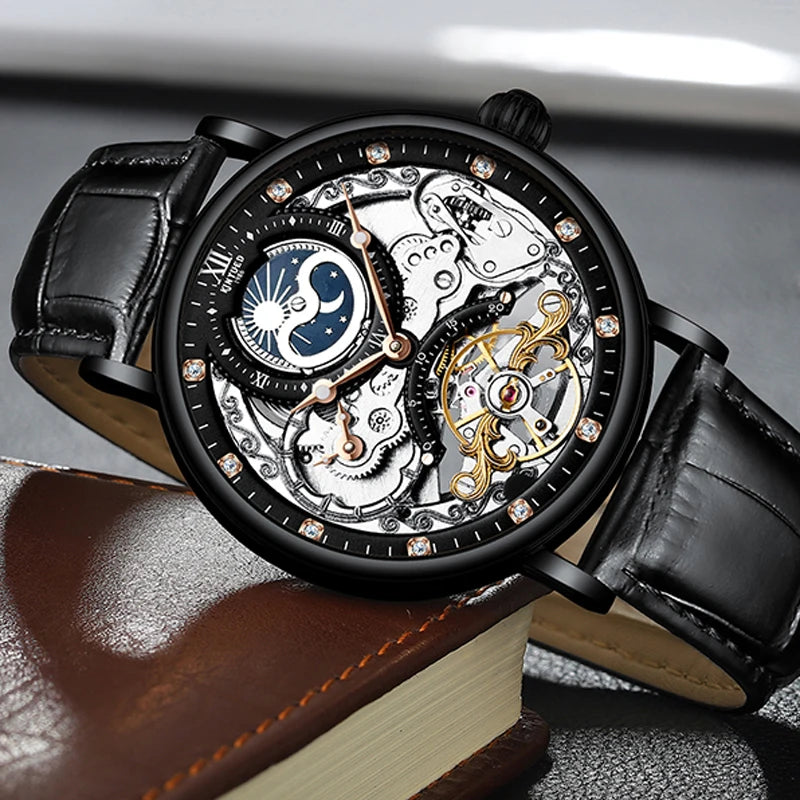 KINYUED Men’s Luxury Rose Gold Skeleton Tourbillon Automatic Watch – Waterproof Mechanical Wristwatch