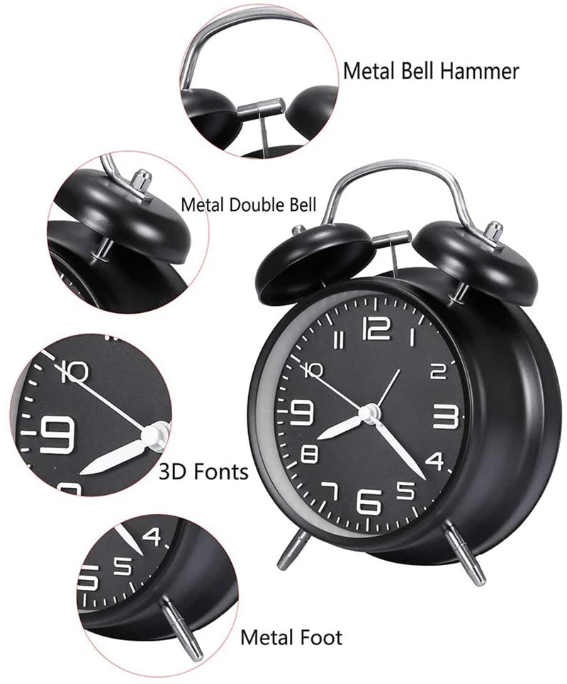 4 Inch Twin Bell Metal Alarm Clock – Loud Mechanical Desk Clock with Backlight 3D Dial, Battery Operated for Home & Office Use