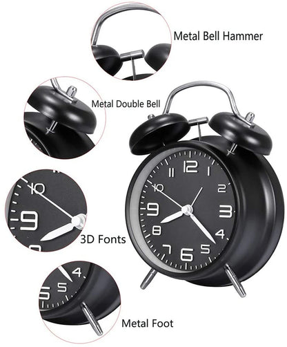 4 Inch Twin Bell Metal Alarm Clock – Loud Mechanical Desk Clock with Backlight 3D Dial, Battery Operated for Home & Office Use
