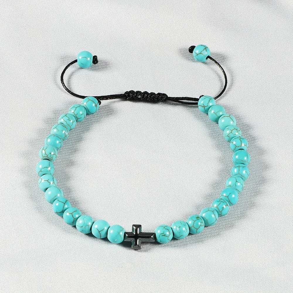 Natural Stone Bead Cross Bracelet - 6mm Braided Christian Prayer Jewelry with Jesus Charm for Men & Women