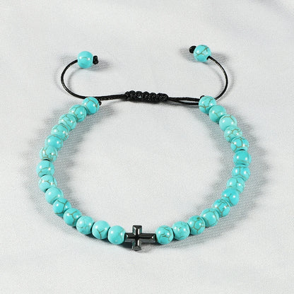 Natural Stone Bead Cross Bracelet - 6mm Braided Christian Prayer Jewelry with Jesus Charm for Men & Women