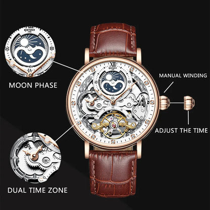 KINYUED Men’s Luxury Rose Gold Skeleton Tourbillon Automatic Watch – Waterproof Mechanical Wristwatch