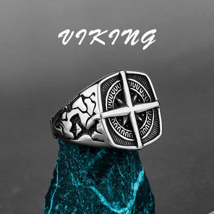 Nordic Viking Stainless Steel Ring - Compass Tree of Life Rune Wolf Amulet Jewelry for Men & Women