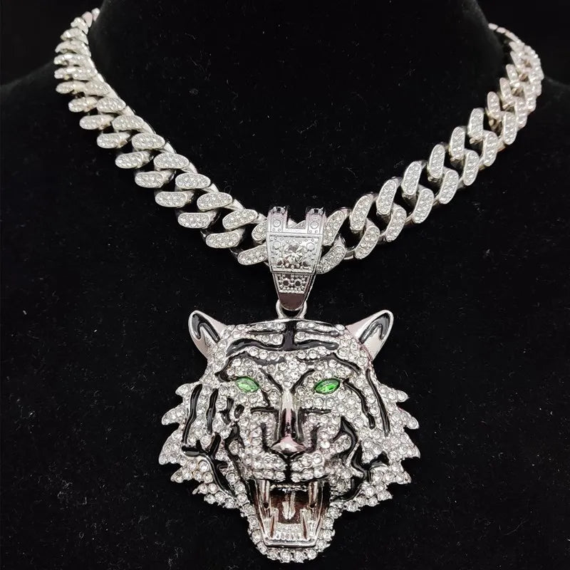 3D Tiger Pendant Necklace - Iced Out Crystal Cuban Chain Hip Hop Jewelry for Men & Women