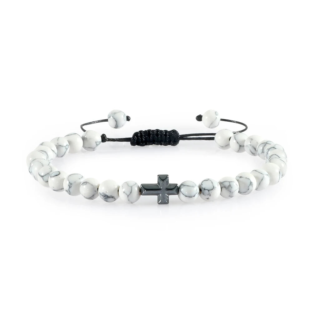 Natural Stone Bead Cross Bracelet - 6mm Braided Christian Prayer Jewelry with Jesus Charm for Men & Women