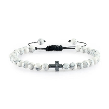 Natural Stone Bead Cross Bracelet - 6mm Braided Christian Prayer Jewelry with Jesus Charm for Men & Women