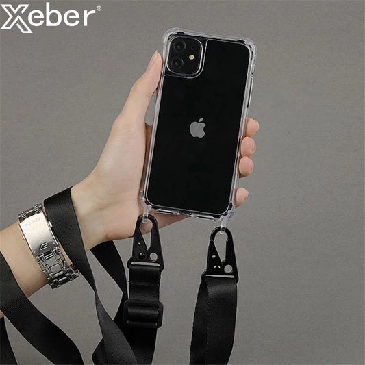 Crossbody Shoulder Strap Phone Case - Transparent Shockproof Cover for iPhone 17 Air, 16, 15, 14, 13 Pro Max & More