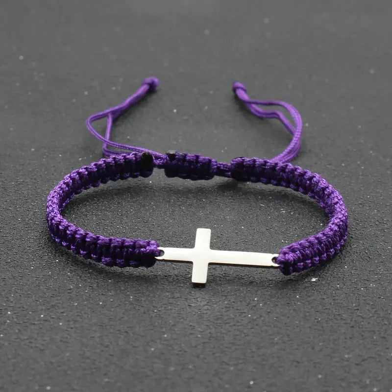Stainless Steel Cross Charm Bracelet - Handmade Adjustable Braided Rope Chain Couple Jewelry for Women & Men
