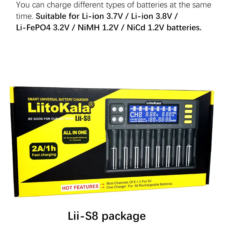 LiitoKala Lii-S12/Lii-S8 Battery Charger – LCD 18650, 21700, 26650, 26700, 20700, 18350, 9V IMR, NiMH/Cd, AA & AAA Rechargeable Batteries