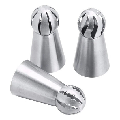 Russian Piping Nozzle - 3 Styles Sphere Ball Icing Tips for Confectioners, Pastry, Sugarcraft, Cupcake Decorating, and Kitchen Bakeware Tools