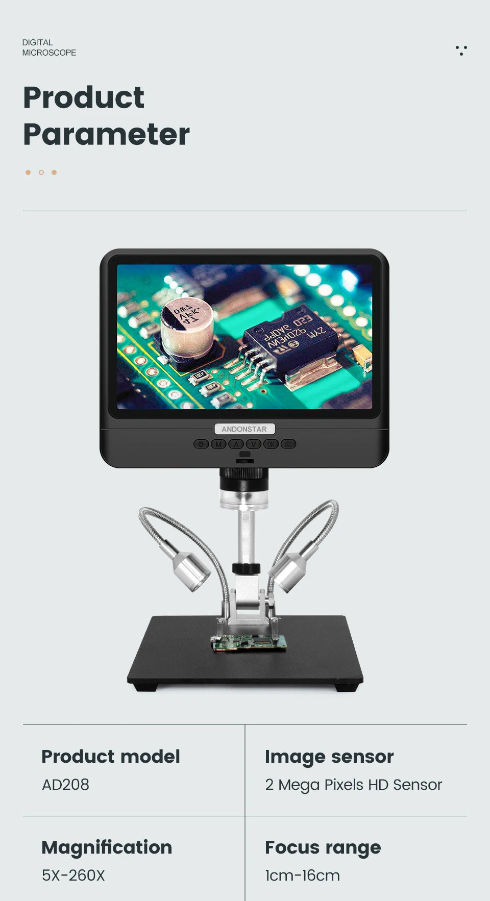 Andonstar AD208 Digital Microscope – 8.5" Adjustable LCD, 1080P HD, Black, Soldering Tool