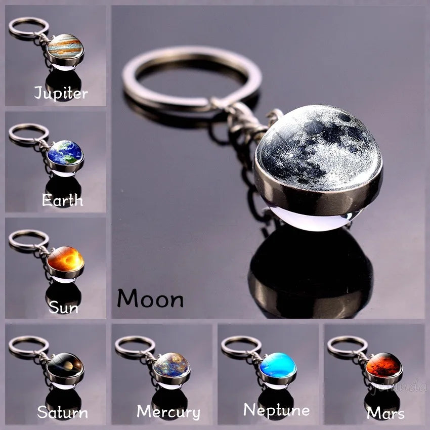 Solar System Planet Keyring — Double-Sided Glass Ball Space Keychain with Moon, Earth, Sun, Mars Galaxy Nebula Art for Car