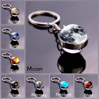 Solar System Planet Keyring — Double-Sided Glass Ball Space Keychain with Moon, Earth, Sun, Mars Galaxy Nebula Art for Car