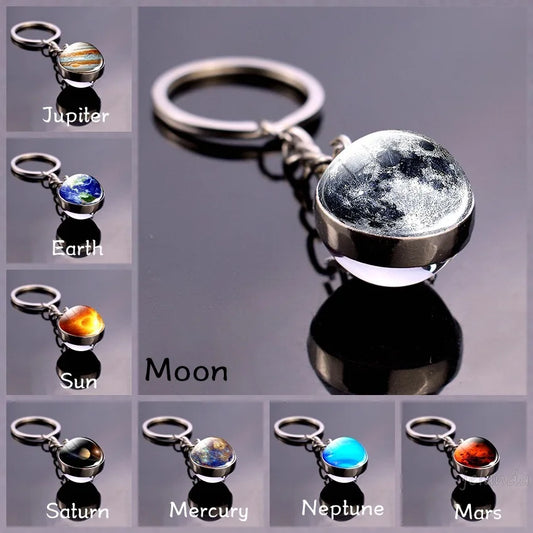 Solar System Planet Keyring — Double-Sided Glass Ball Space Keychain with Moon, Earth, Sun, Mars Galaxy Nebula Art for Car