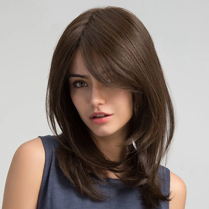ESIN Synthetic Dark Brown Wig for Women - Long Wavy Wig with Bangs, Heat Resistant for Party & Daily Use