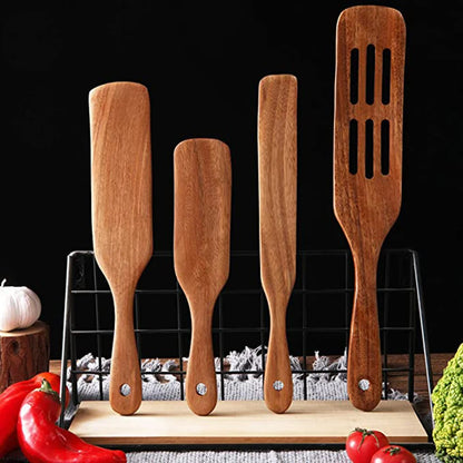 1-7pcs Teak Wood Tableware Set – Natural Wooden Spoons, Colander Spoon & Soup Skimmer Cooking Tool Kit