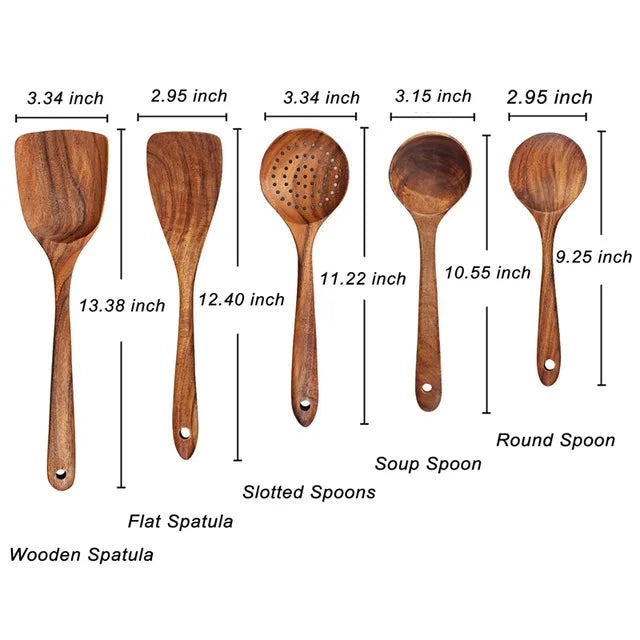 1-9pcs Teak Wood Tableware Set – Natural Wooden Cooking Spoons, Colander Spoon & Soup Skimmer Kitchen Tool Kit