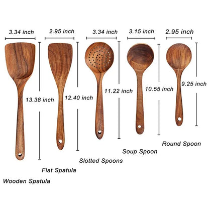 1-9pcs Teak Wood Tableware Set – Natural Wooden Cooking Spoons, Colander Spoon & Soup Skimmer Kitchen Tool Kit