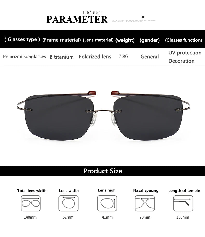 2025 New Cool 100% Pure Titanium Rimless Sunglasses – Polarized Grey Lenses, Super Thin, UV400 Protection, Oculos De Sol