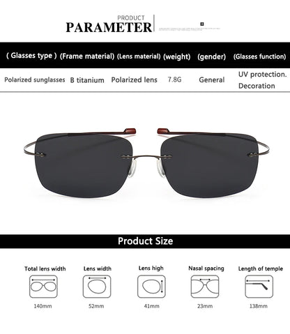 2025 New Cool 100% Pure Titanium Rimless Sunglasses – Polarized Grey Lenses, Super Thin, UV400 Protection, Oculos De Sol