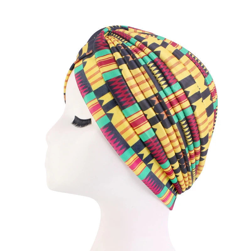 African Print Turban Head Wrap - Soft Stretch Twisted Pleated Beanie Bonnet for Women, Headtie & Chemo Cap