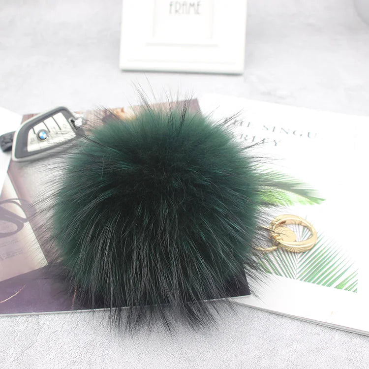 Luxury 15cm Fluffy Real Raccoon Fur Pom Pom Keychain – High-Quality Metal Ring Pendant for Women