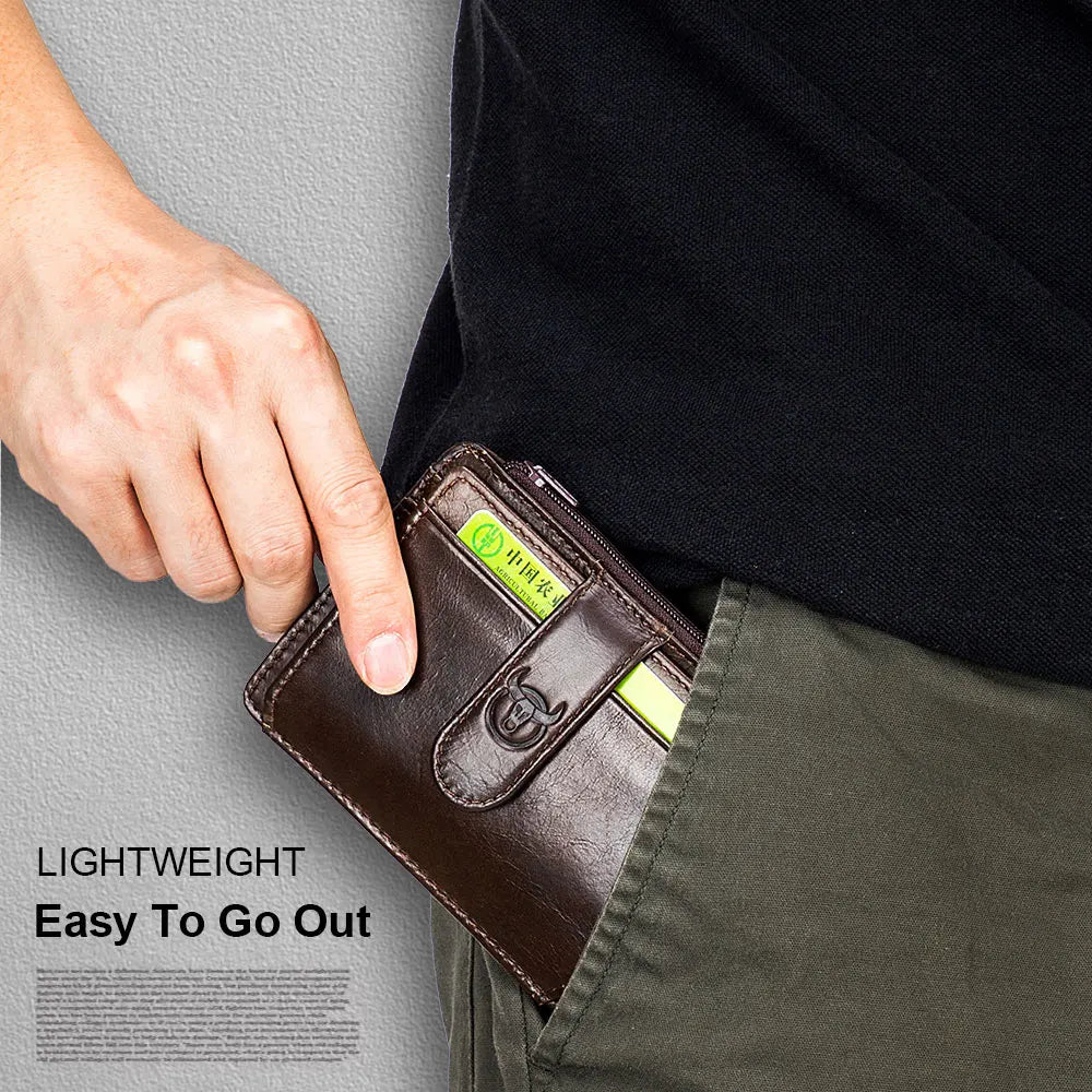 BULLCAPTAIN Genuine Leather RFID Zipper Card Holder – Slim Mini Wallet for Credit Cards & ID, Men’s Business Wallet