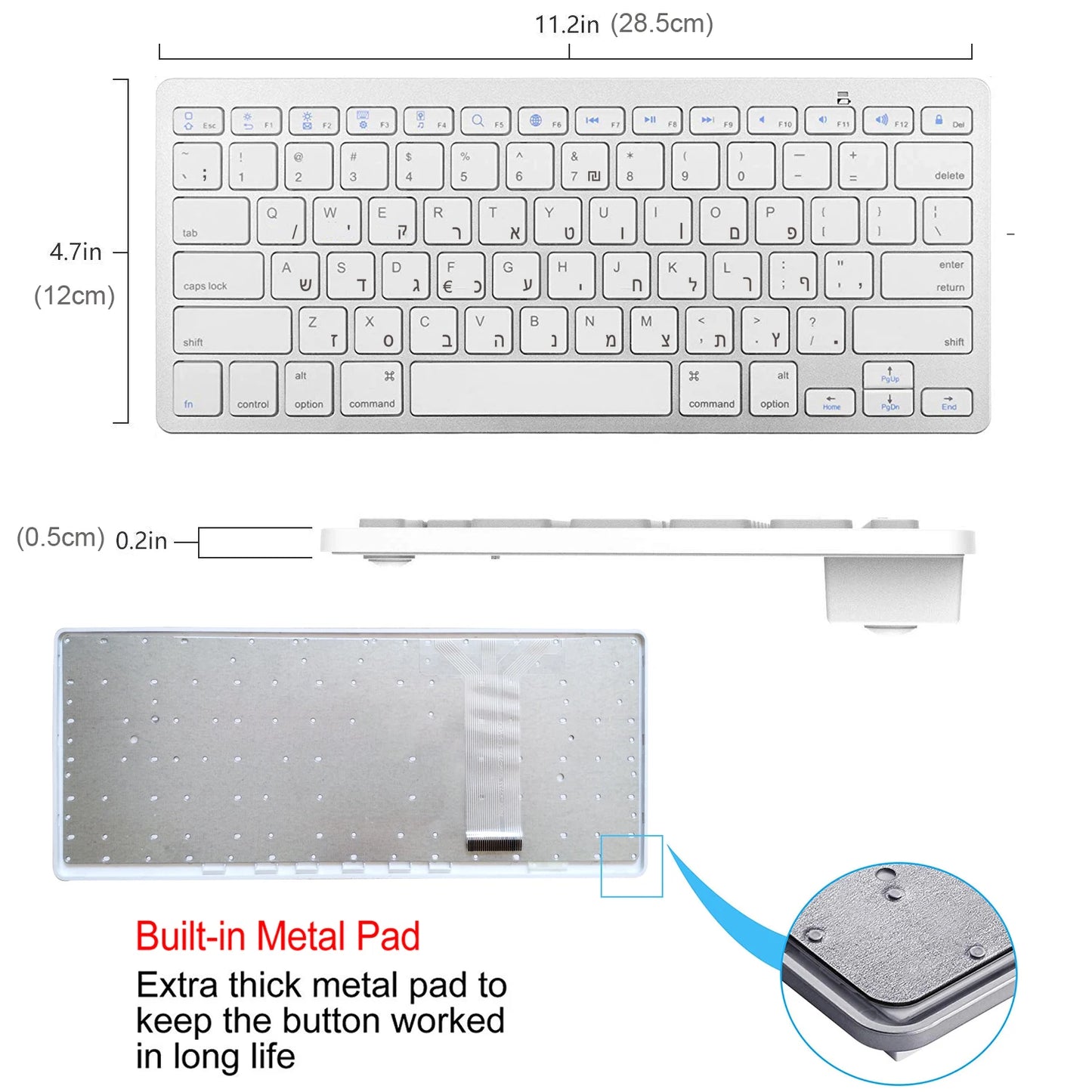 Ultra Slim Hebrew Bluetooth Wireless Keyboard – Low Noise, Compatible with iOS, iPad, Android Tablets & Windows