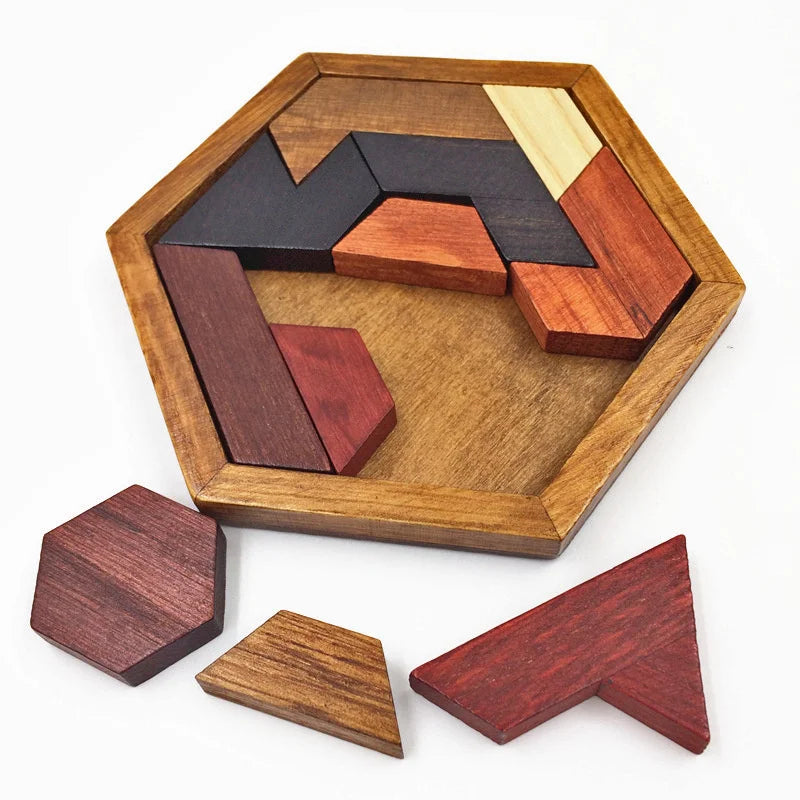 Hexagonal Wooden Puzzles – IQ Brain Teaser Game, Educational Tangram Toy for Kids & Adults, Montessori Gift for Cognitive Development
