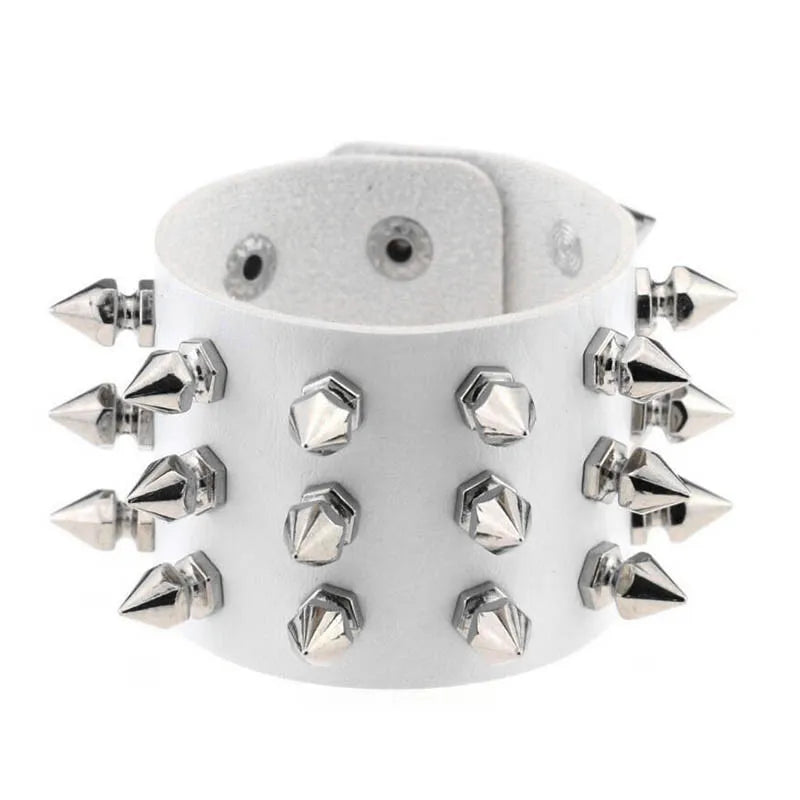 90s Punk Style Bracelet – PU Leather with 3 Rows of Spikes & Square Studs, Fashion Bangle for 2024