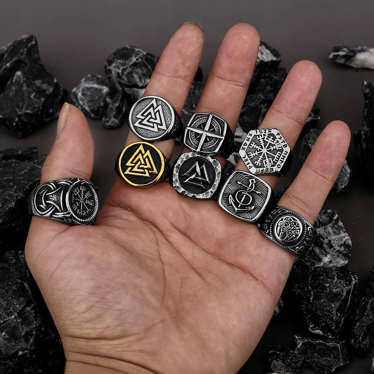 Nordic Viking Stainless Steel Ring - Compass Tree of Life Rune Wolf Amulet Jewelry for Men & Women