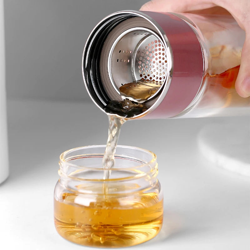 390ML High Borosilicate Glass Tea Water Bottle - Double Layer Tea Infuser Tumbler Cup Drinkware with Tea Filter